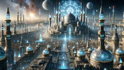 The primary subject of the image is a futuristic city with a large, ornate building in the center. The setting is a space-themed environment, with a backdrop of various spaceships and celestial bodies. The visual style is digital art, creating a vibrant and detailed scene. The colors and mood are predominantly blue and purple, giving the image a sense of wonder and fantasy.